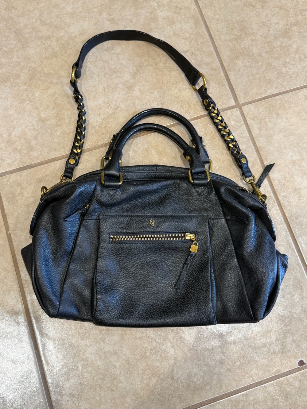 Elliott Lucca Black Leather Shoulder Satchel with Gold Hardware